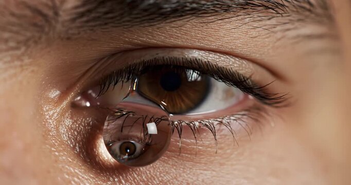 Close-up of a human eye with a tear drop reflecting a vivid scene in the background