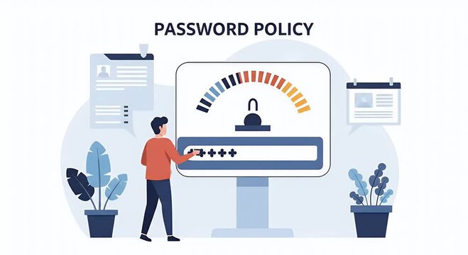A person interacting with a security meter featuring password protection and data privacy concept with plants and documents around