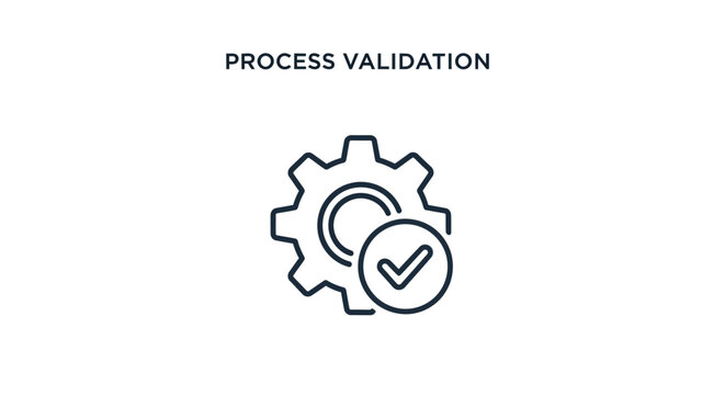 Simple line art icon clearly illustrating the concept of successful process validation involving a mechanical gear mechanism combined with a verification checkmark symbol for business.