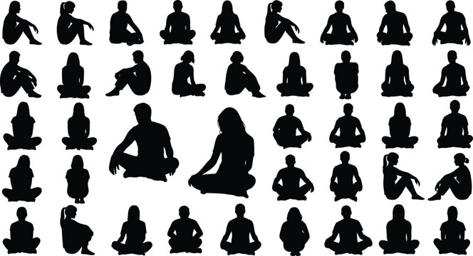 Meditating individuals assume various yoga poses.