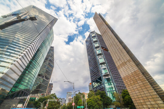 Mexico City, Mexico, September 25 2025 Monument of the Stele of Light, BBVA Tower and Ritz Carlton Hotel building in Mexico City
