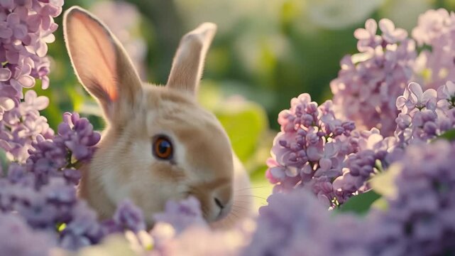 Cute rabbit graces blooming lilacs in a colorful closeup setting, cute rabbit among blooming lilacs close-up