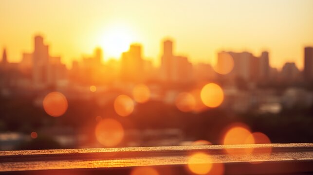 Summer sun blur golden hour hot sky at sunset with city rooftop view in the background