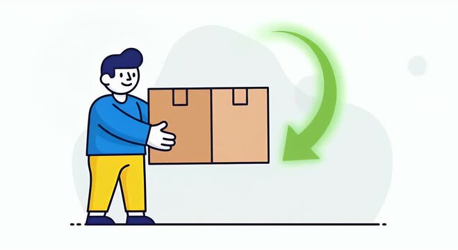 Cartoon character carrying boxes with green arrows depicting transfer and delivery against a simple white background symbolizing logistics