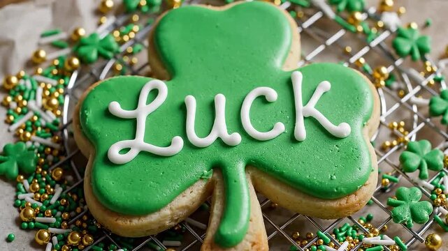Close-up of a delicious shamrock-shaped cookie decorated with green icing and the word Luck in white icing, surrounded by festive St. Patrick's Day sprinkles
