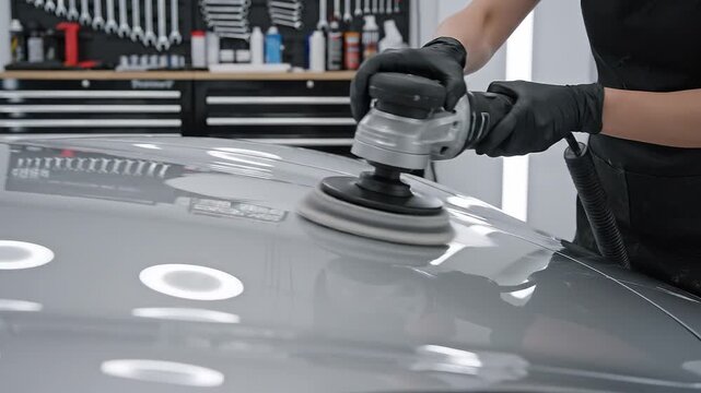 Man polishing car hood with buffer.