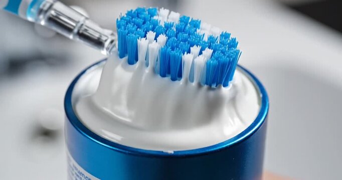 Close-up of a toothbrush dispensing toothpaste in a bathroom setting with sink in background