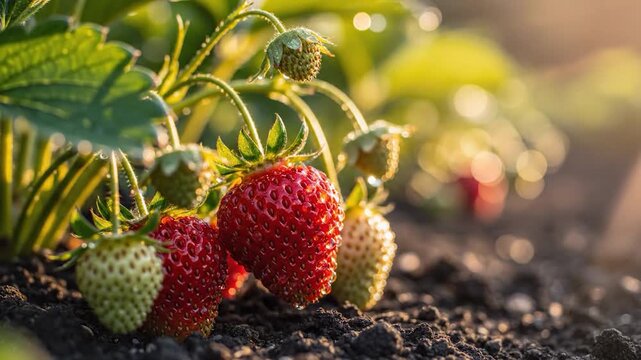 Fresh red strawberries ripen on the plant in a sunny garden patch