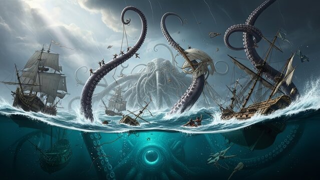 Giant Kraken attacking pirate ships in a stormy sea, fantasy illustration.