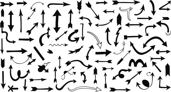Vector hand-drawn arrow icon set. Grunge marker line scribbles. Handmade curve brush strokes. Sketch direction shapes, marks. Pen hand drawn illustration. Black artistic punk style graphic elements