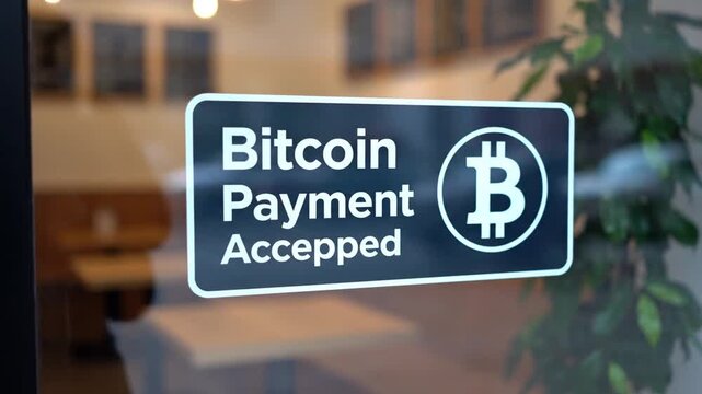 A sign on a glass door indicates that a form of digital currency is accepted as a method of payment