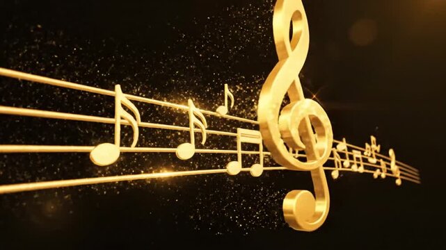Golden treble clef and musical notes on staff with sparkling light effects