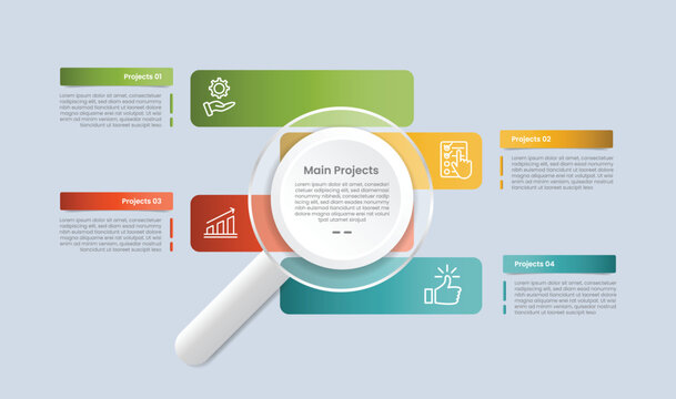 4 points infographic with glossy gradient style with magnifying zoom tools and long rectangle box on unbalance vertical list with four segment information