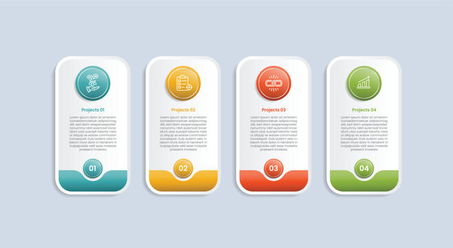 4 points infographic with glossy gradient style with vertical tall box with circle as header and bottom badge accessories with four segment information