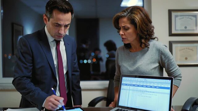 latenight office white male attorney and white female partner reviewing case files and laptop spreadsheets, pointing at tablet, signing documents, framed diplomas on wall, city lights