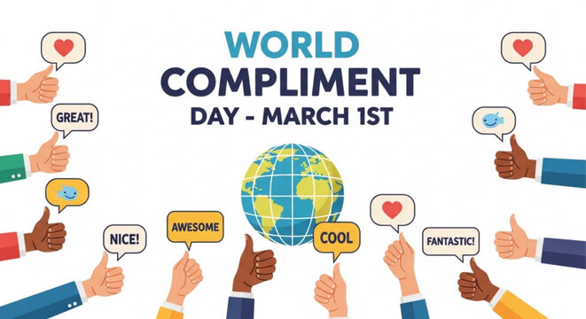 World Compliment Day celebration with diverse hands giving thumbs up  