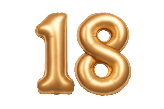 Golden foil balloon number 18 celebrating anniversary