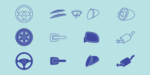 Car parts in purple on light blue background vehicle steering wheel windshield wipers © VARIOUS