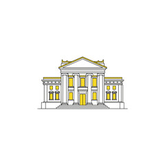 Classic bank building facade with elegant columns and yellow accents  