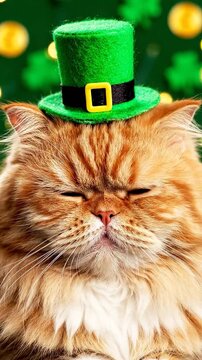 Close-up Portrait of a Grumpy Orange Cat Wearing a Green Leprechaun Hat for St. Patrick's Day Celebration