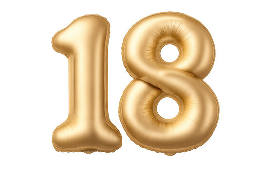 Golden number 18 foil balloon celebrating adulthood birthday