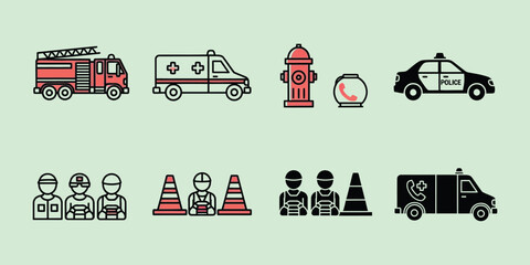 Emergency vehicles and workers with traffic cones and hydrant fire truck ambulance police car © VARIOUS