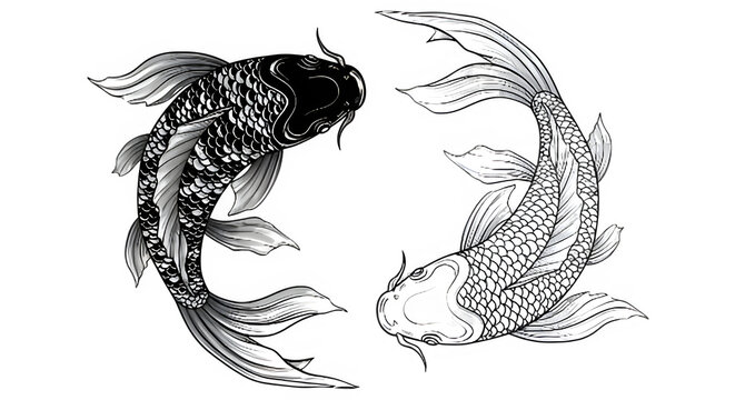 Koi Fish Duo Circling in Black and White.