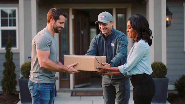 delivery driver handing box to couple on porch, porch of suburban home, uniformed courier smiling, male recipient reaching, female partner observing, bicycle at doorway, evening light,
