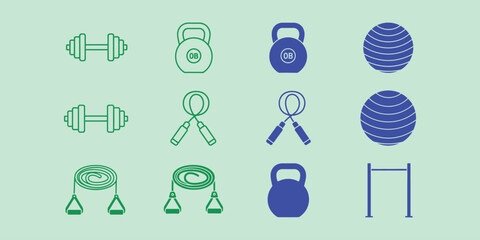 Green and blue fitness including dumbbells jump rope kettlebell medicine ball and hurdles on mint background © VARIOUS