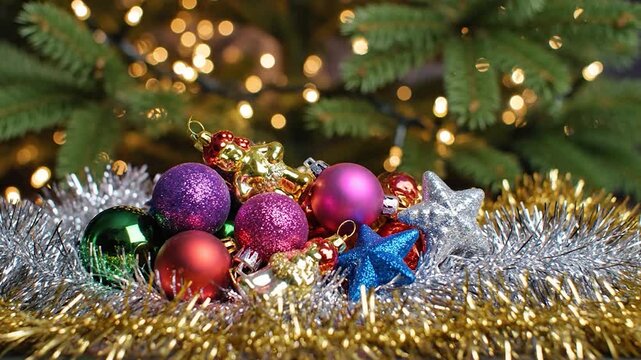 Colorful Christmas ornaments fall onto festive tinsel with a blurred tree