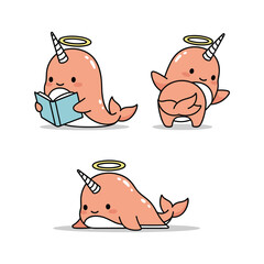 Cute cartoon narwhal with halo reading, sleeping, and relaxing © Mst Sahera