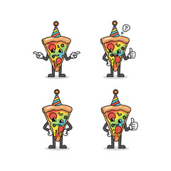 Pizza slice cartoon character in party hat showing different emotions and gestures