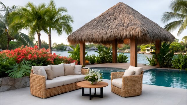 Tropical resort patio furniture by swimming pool and tiki hut