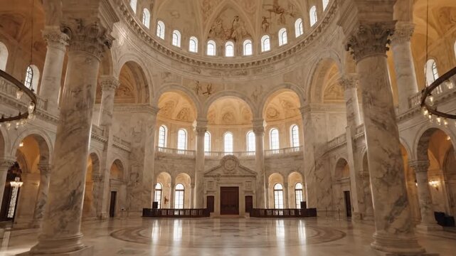 Grand interior of a majestic marble hall with high dome and large columns