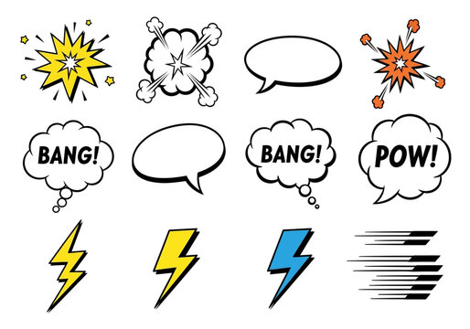 Comic book style illustration of explosive speech bubbles and dynamic energy effects against a white background