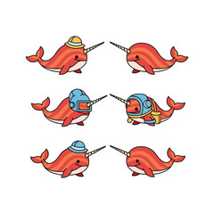 Narwhals in different astronaut helmets swimming in a row with copy space © MAJEDA STOCK