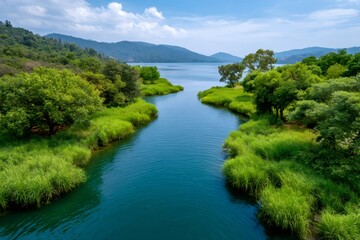 Fototapeta premium River mouth opening to wider lake with hills
