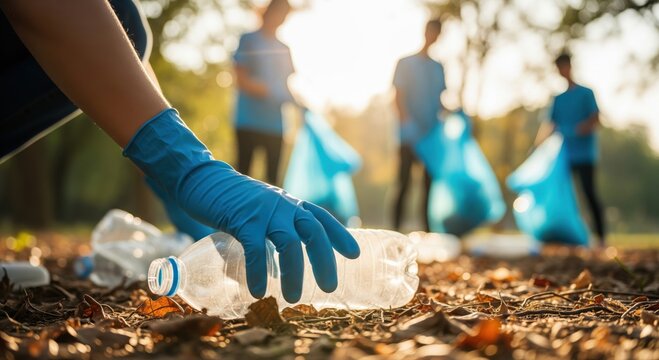 Volunteers Cleaning Up Plastic Waste in a Park at Sunset