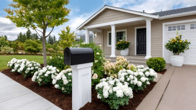 Suburban house with mailbox and blooming curb appeal
