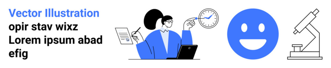 Obraz premium Data analysis, education, healthcare, time management, positivity, research. A professional woman working on documentation, a happy face and a microscope. Data analysis and research concepts