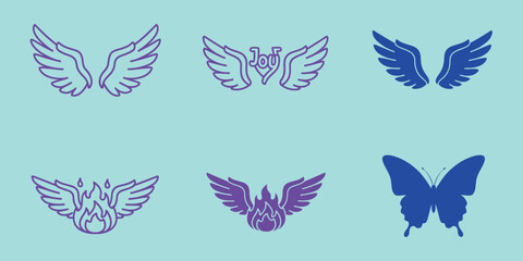Fototapeta premium Purple and blue wing and butterfly on light blue background wings butterflies symbols