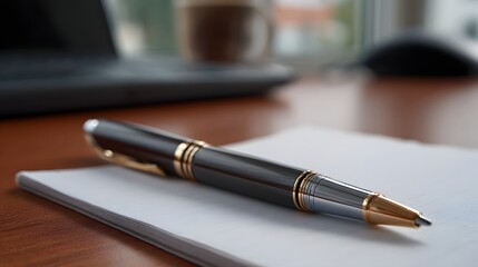 A sophisticated dark pen rests on a notepad ready for work on a desk with blurred office background