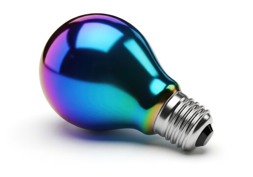 Reflective iridescent incandescent lamp rests on a pure white surface