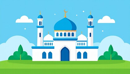 Fototapeta premium White mosque with blue domes and minarets in sunny green landscape illustration