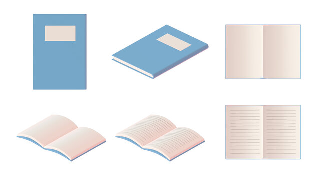 様々なシーンのノートの3DCGイラスト。学校や塾、教育現場のプロモーションに適した文房具の挿絵素材