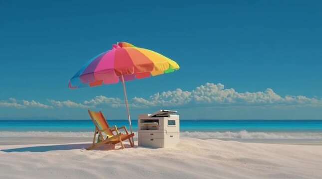 Office Printer and Deck Chair Under Rainbow Umbrella on Tropical Beach