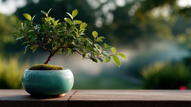 Small bonsai tree in teal pot on wooden surface, blurred background of garden scene