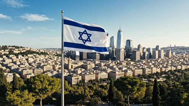Israeli flag waving in cityscape