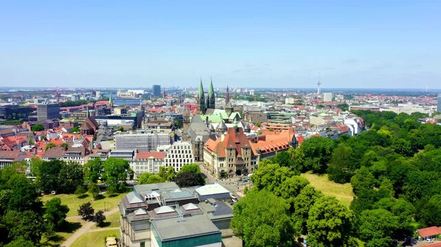 Bremen, Germany. The historic part of Bremen, the old town. Bremen Cathedral ( St. Petri Dom Bremen ). View in flight. Drone footage
