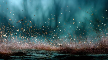 Atmospheric shot of glowing, delicate plant-like structures against a blurred blue background